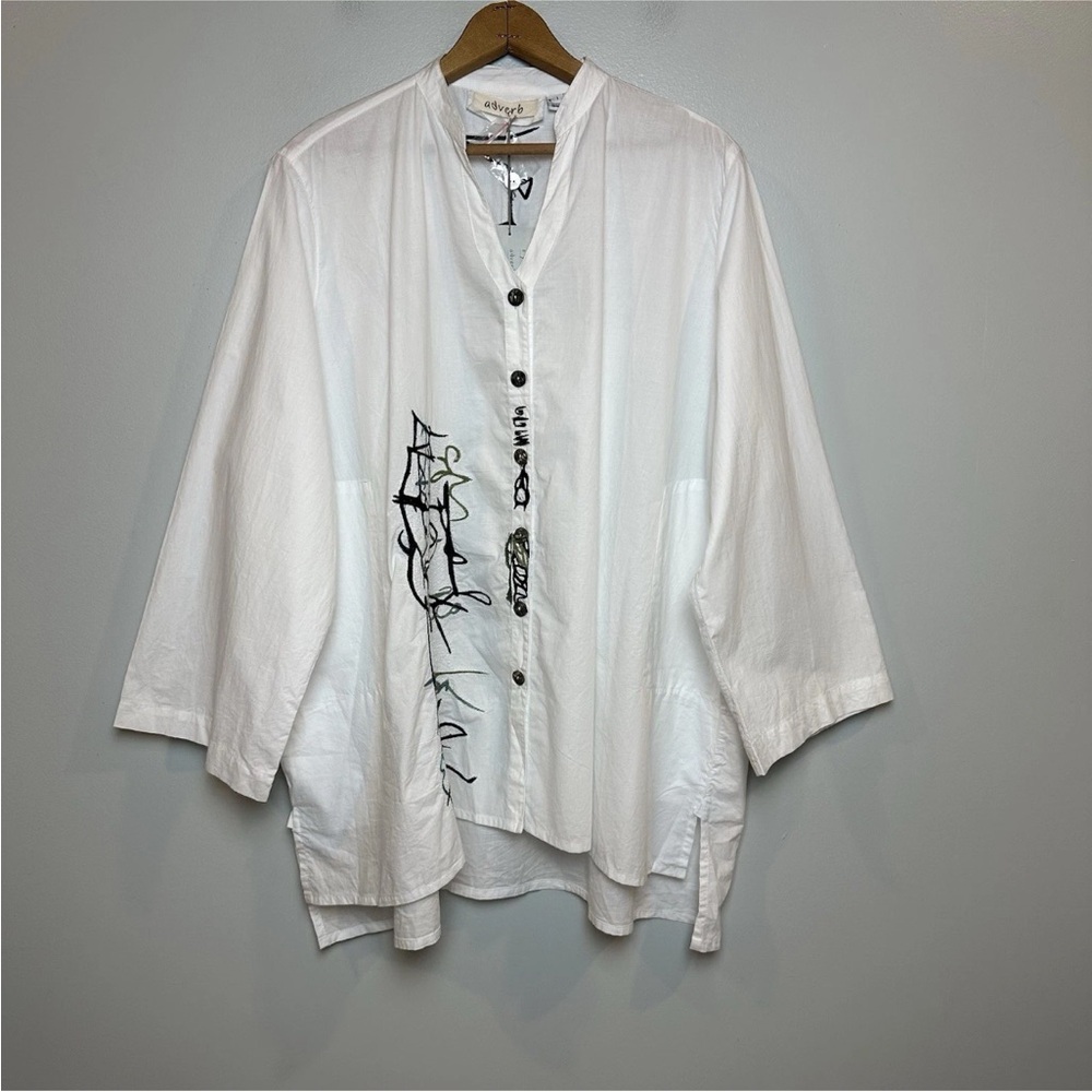 Adverb Abstract Artsy Button Up Top White Cotton Poplin Women’s Size 1X NWT
